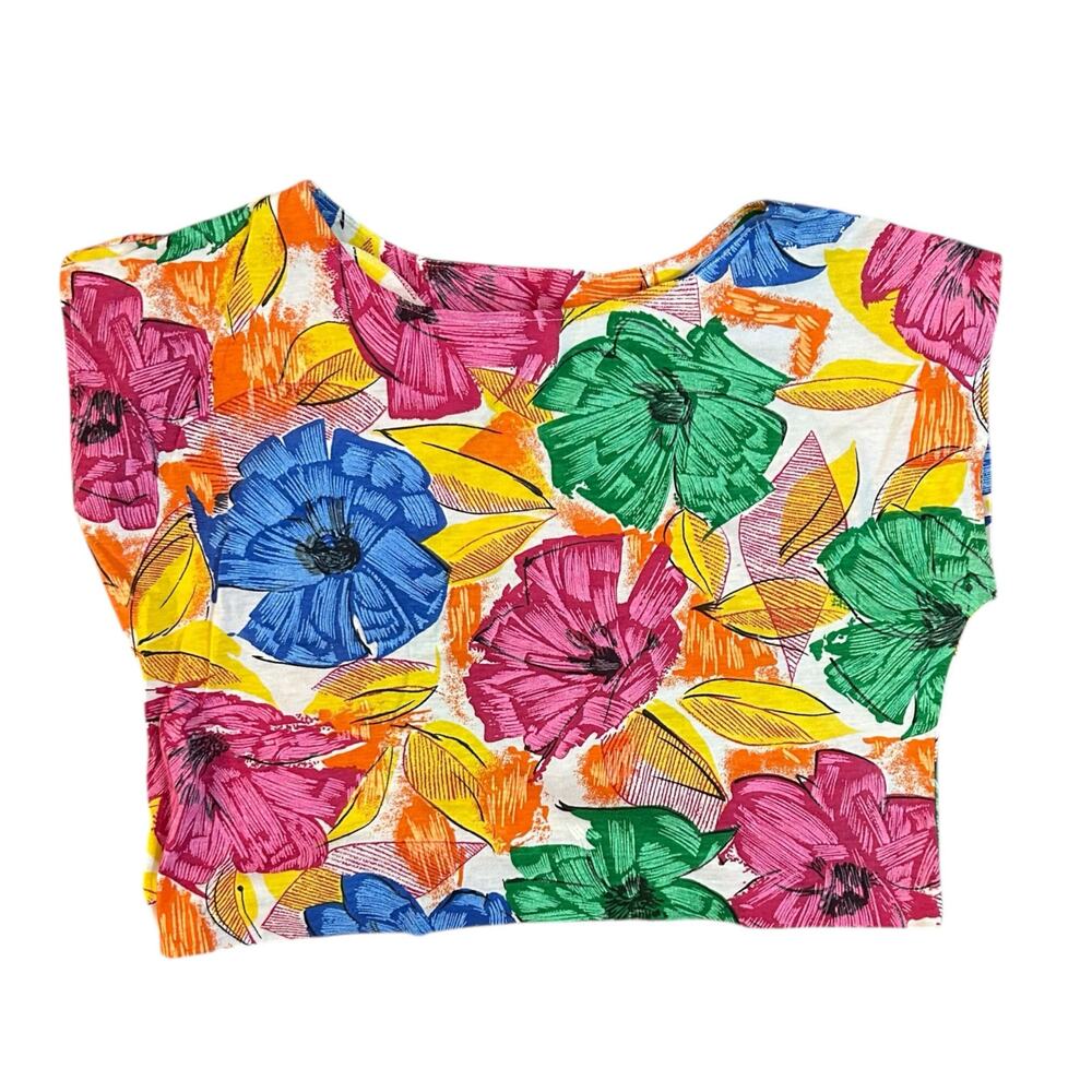 Vtg Floral Multicolor Pink Yellow Boxy Tee Womens Medium Maximalist Dopamine
